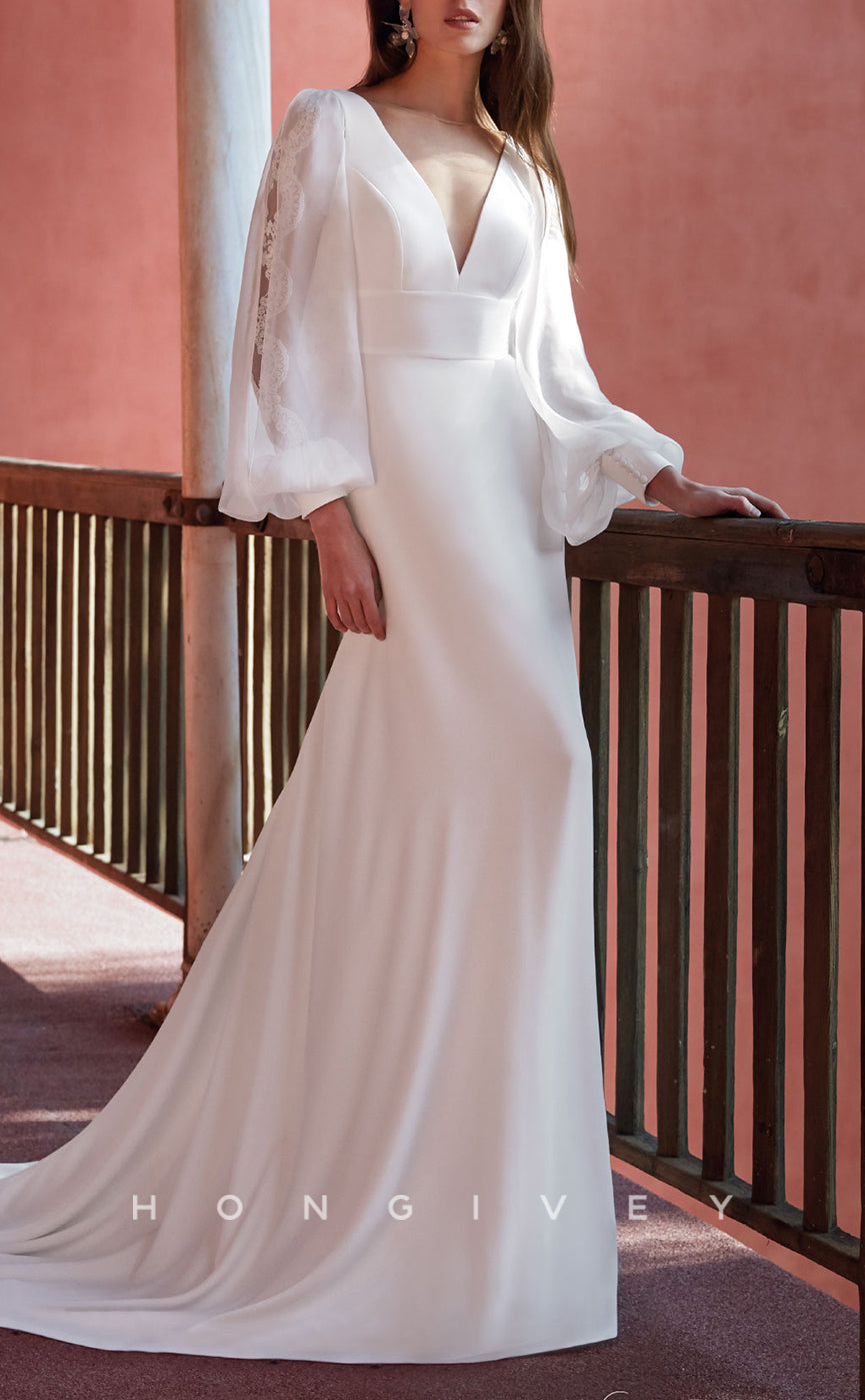 H1467 - Chic Satin Trumpet Empire V-Neck Puff Sleeves Appliques With Train Boho  Wedding Dress