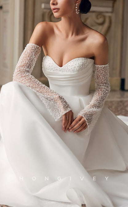 H1469 - Sexy Tulle A-Line Sweetheart Empire Long Sleeves Beaded Ruched With Train  Wedding Dress