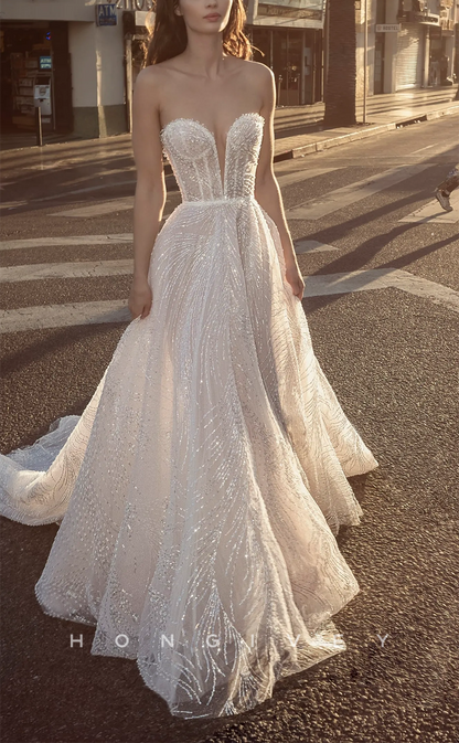 H1471 - Sexy Glotter Tulle A-Line Sweetheart Strapless Empire Sequined With Train  Wedding Dress