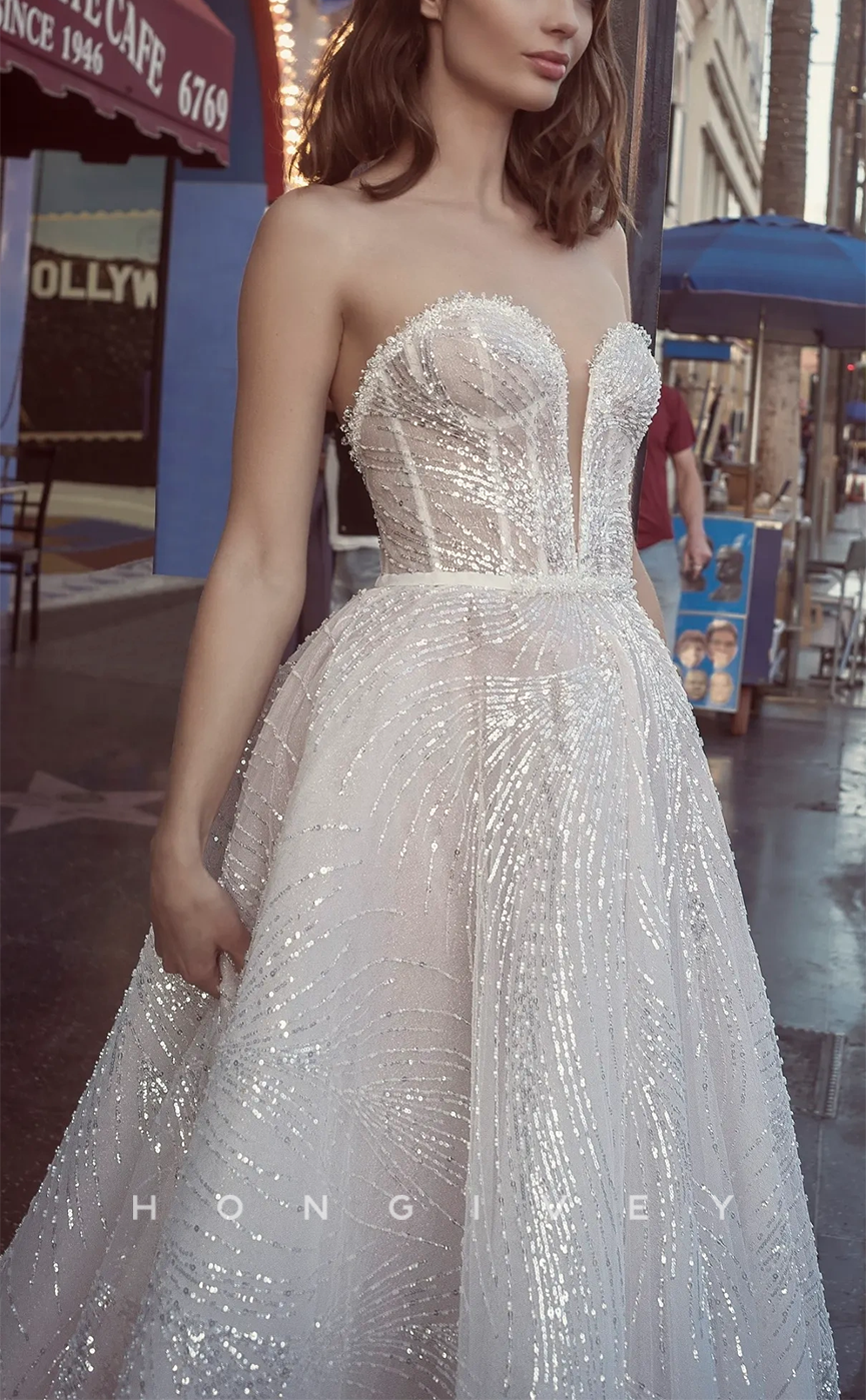 H1471 - Sexy Glotter Tulle A-Line Sweetheart Strapless Empire Sequined With Train  Wedding Dress