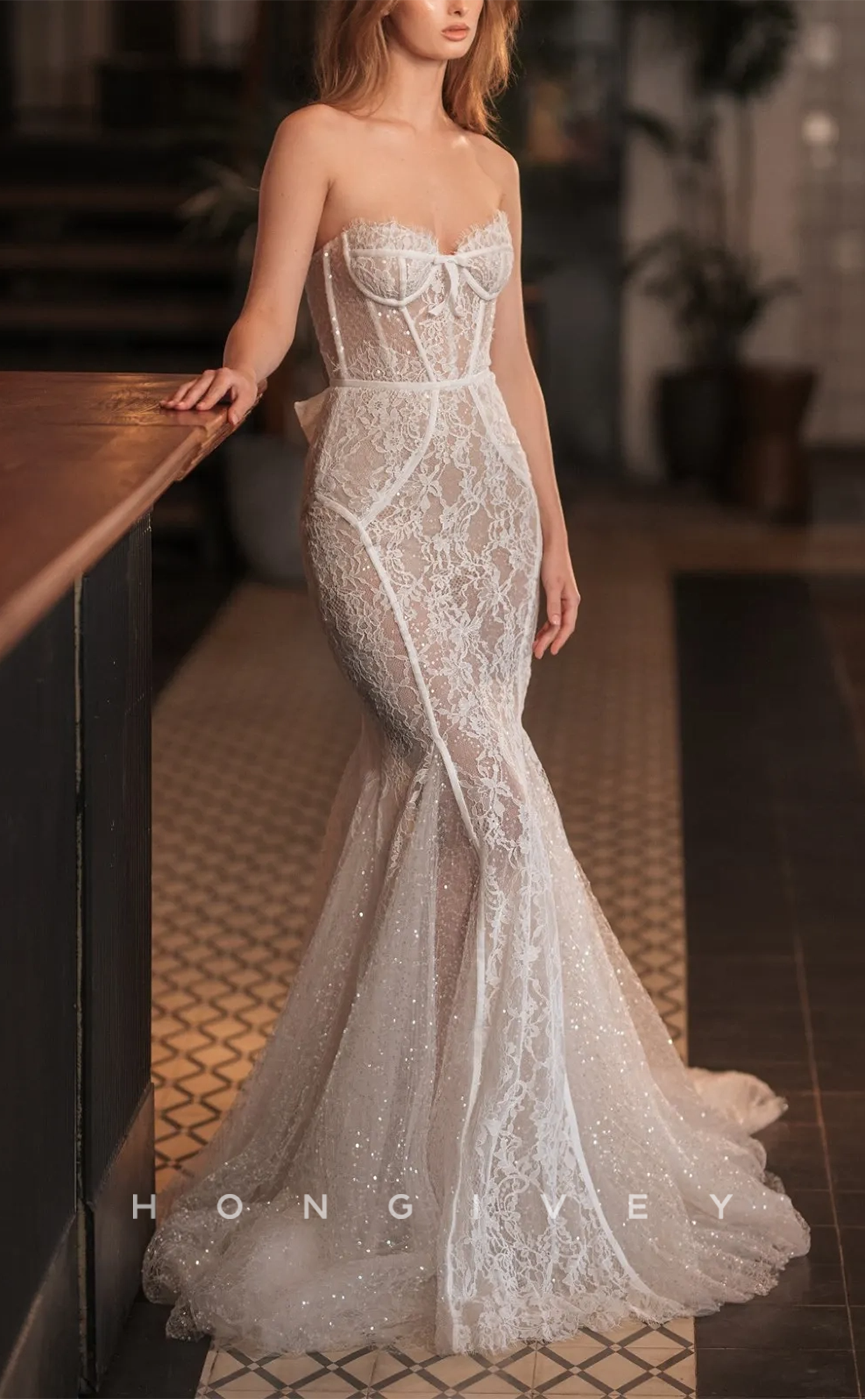 H1474 - Sexy Lace Glitter Trumpet Sweetheart Strapless Empire Appliques With Train  Wedding Dress