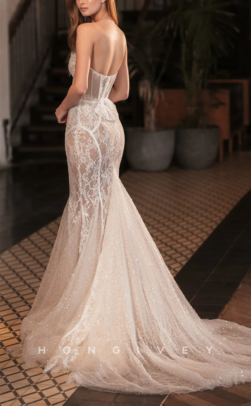 H1474 - Sexy Lace Glitter Trumpet Sweetheart Strapless Empire Appliques With Train  Wedding Dress