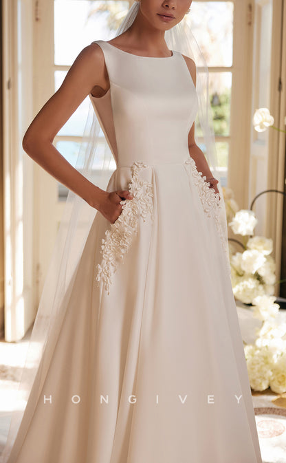 H1475 - Sexy Satin A-Line Scoop Empire Sleeveless  Appliques With Pockets Train Wedding Dress