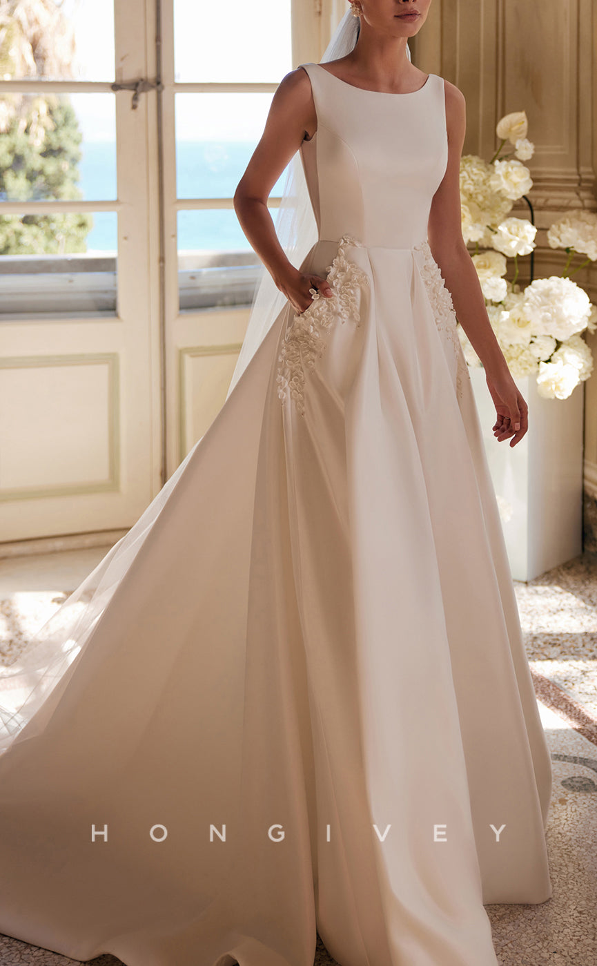 H1475 - Sexy Satin A-Line Scoop Empire Sleeveless  Appliques With Pockets Train Wedding Dress