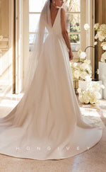 H1475 - Sexy Satin A-Line Scoop Empire Sleeveless  Appliques With Pockets Train Wedding Dress