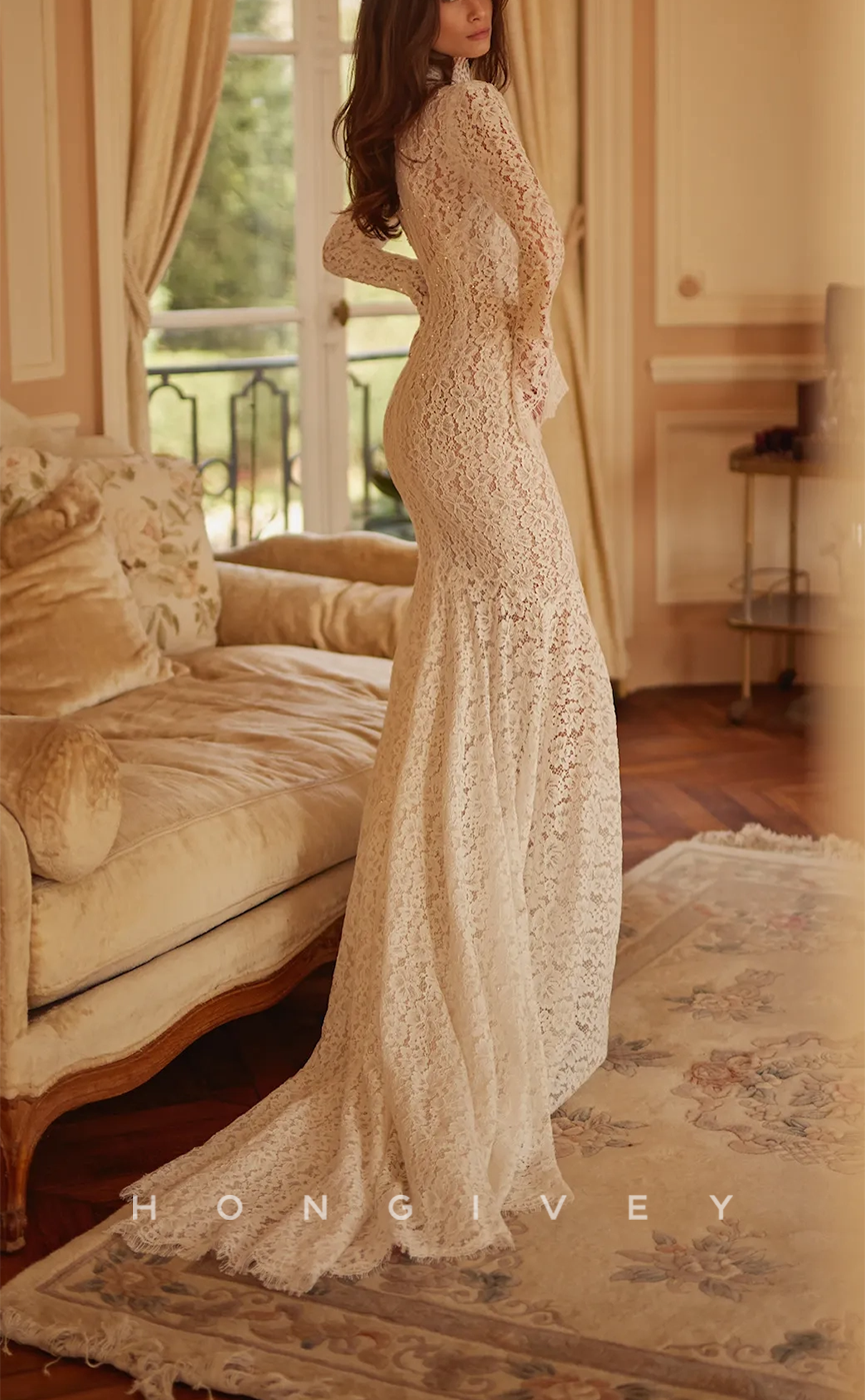 H1477 - Sexy Lace Trumpet High Neck Empire Appliques With Long Bell Sleeves Train Boho Wedding Dress