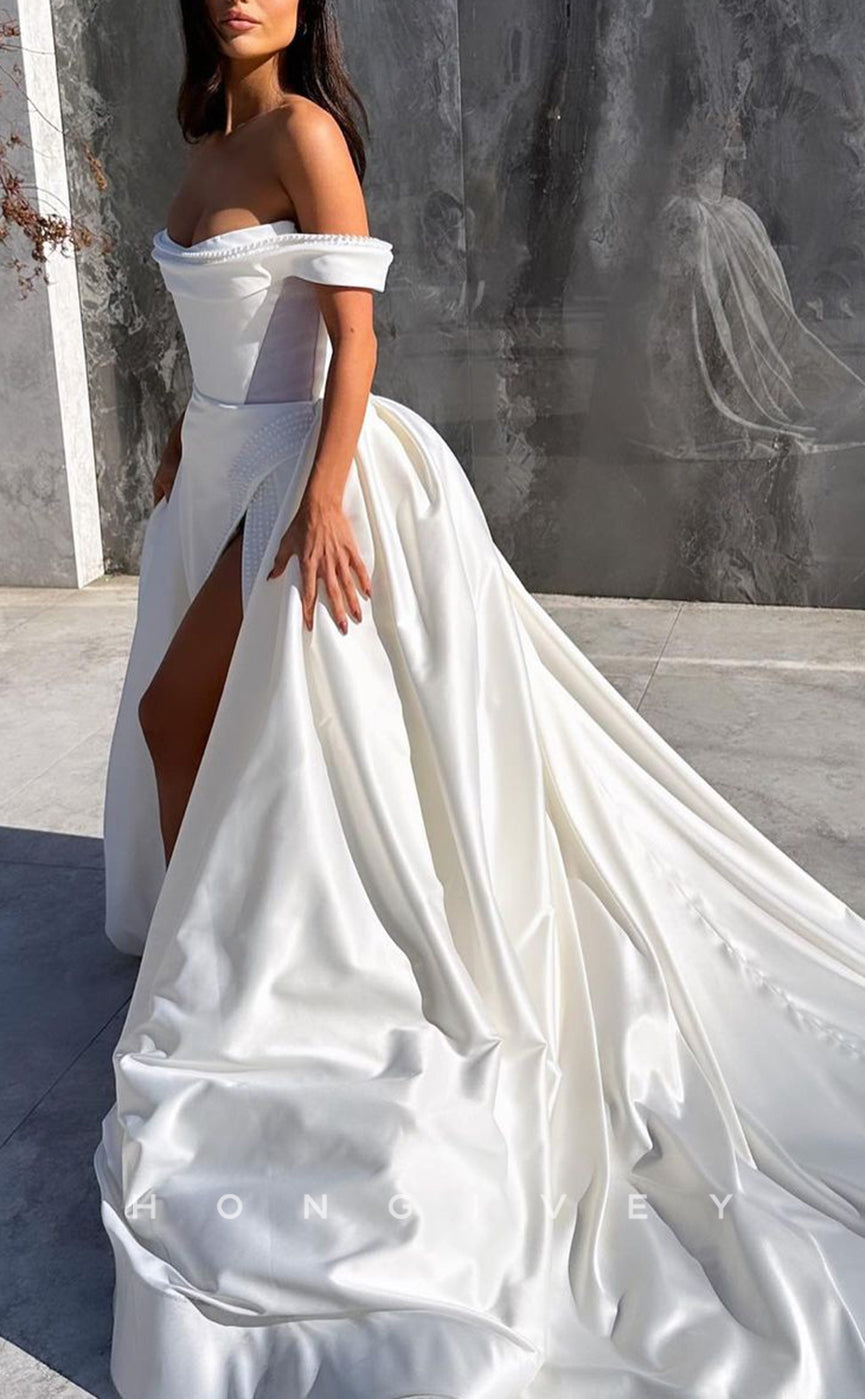 H1478 - Sexy Satin A-Line Off-Shoulder Empire Ruched Beaded With Side Slit Train Wedding Dress