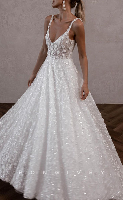 H1480 - Sexy Tulle A-Line V-Neck Spaghetti Straps Empire Floral Appliques Sequined With Train Wedding Dress