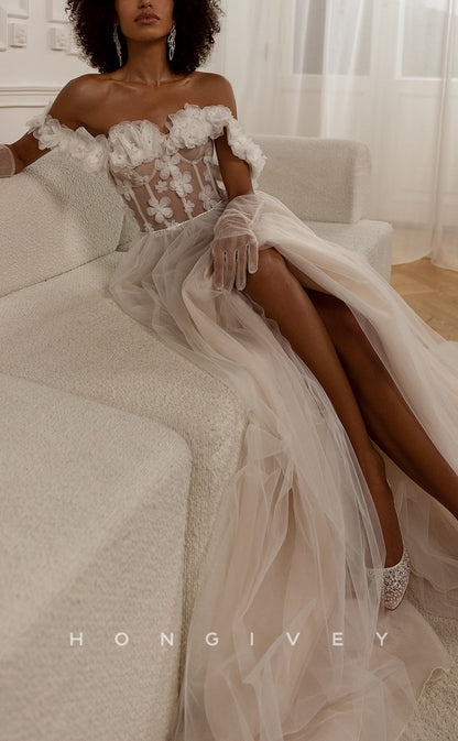 H1481 - Sexy Tulle A-Line Off-Shoulder Illusion Empire Floral Embossed Beaded With Train Wedding Dress