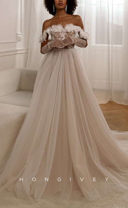 H1481 - Sexy Tulle A-Line Off-Shoulder Illusion Empire Floral Embossed Beaded With Train Wedding Dress