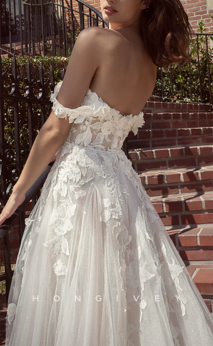 H1484 - Sexy Glitter Tulle A-Line Off-Shoulder Empire Floral Embellished With Train Wedding Dress