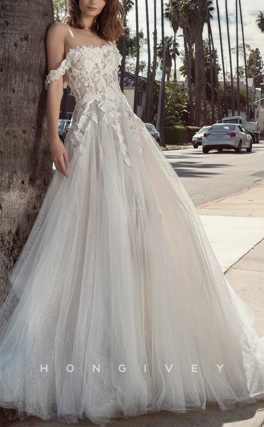 H1484 - Sexy Glitter Tulle A-Line Off-Shoulder Empire Floral Embellished With Train Wedding Dress