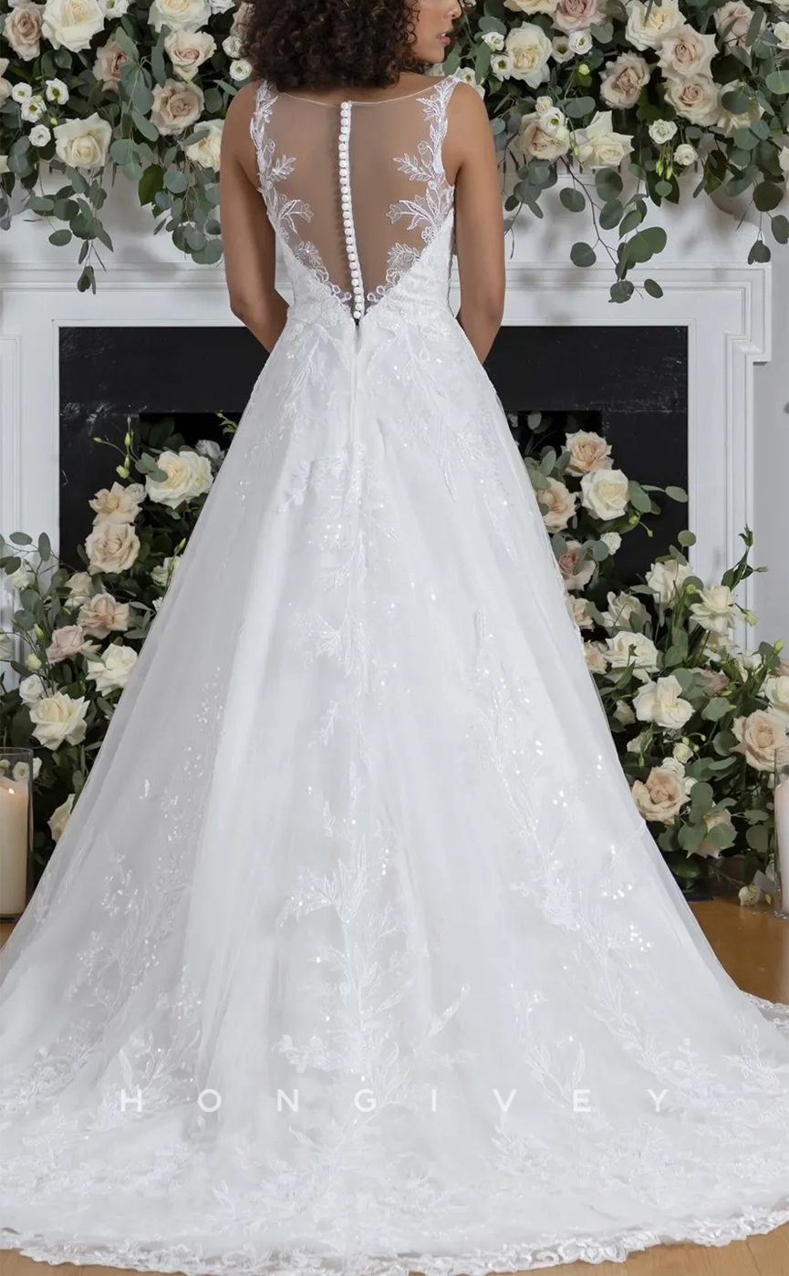 H1485 - Sexy Tulle A-Line Straps Empire Floral Appliques Sequined With Train Wedding Dress