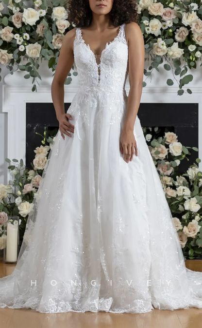 H1485 - Sexy Tulle A-Line Straps Empire Floral Appliques Sequined With Train Wedding Dress