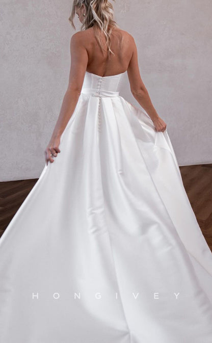 H1486 - Sexy Satin A-Line Bateau Strapless Empire With Detachable Overskirt Train Wedding Dress