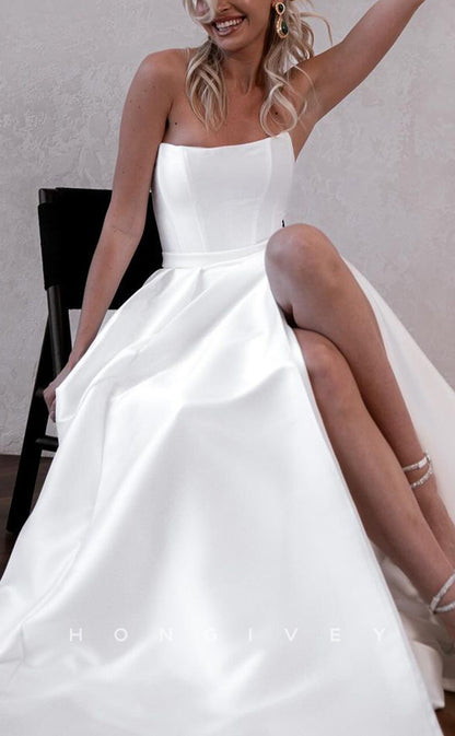 H1486 - Sexy Satin A-Line Bateau Strapless Empire With Detachable Overskirt Train Wedding Dress