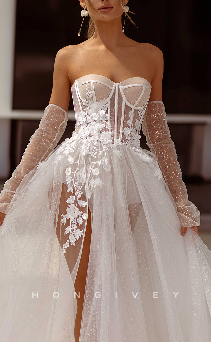 H1487 - Sexy Glitter Tulle A-Line Sweetheart Strapless Empire Appliques With Side Slit Beach Wedding Dress
