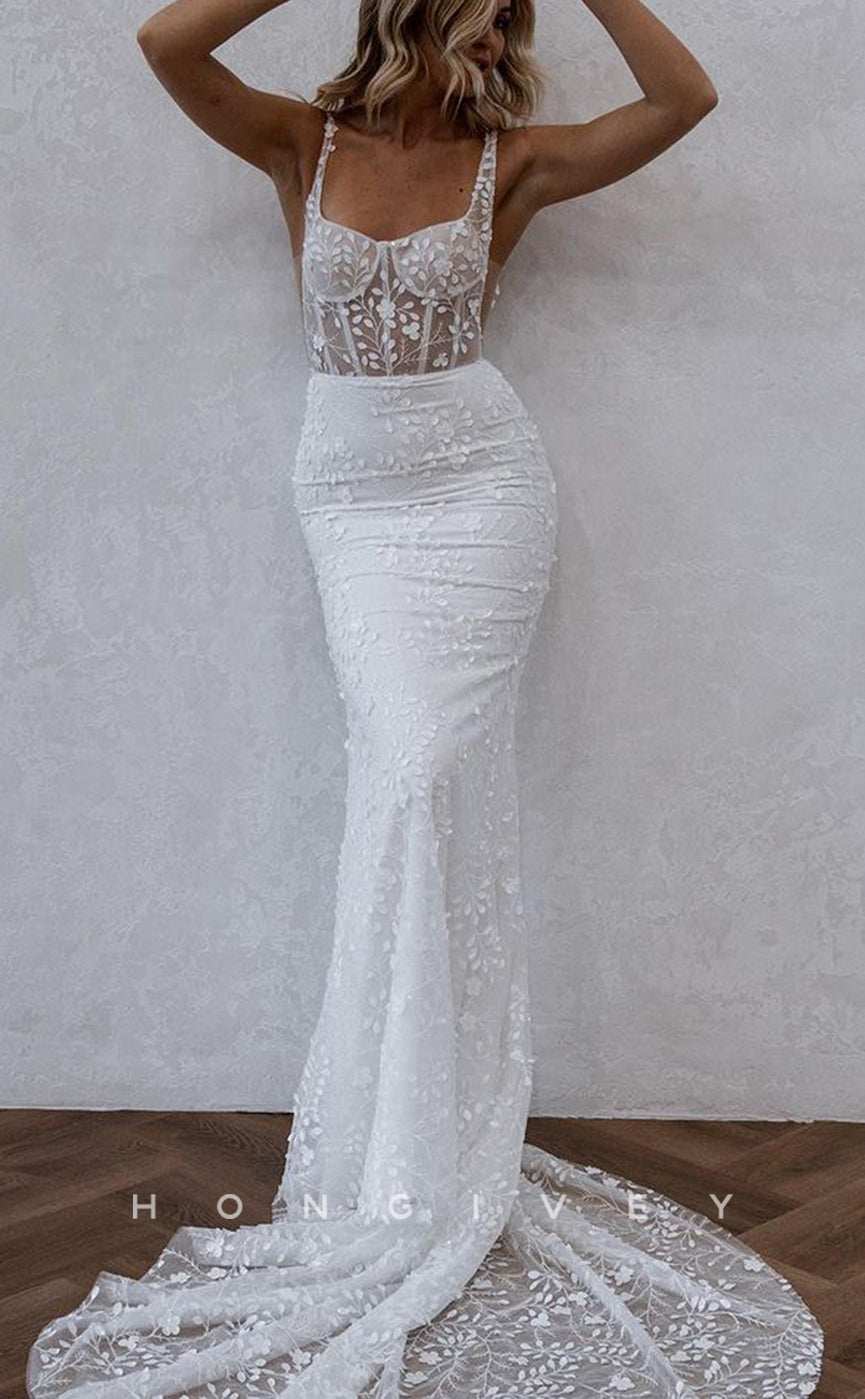H1489 - Sexy Satin Fitted Bateau Straps Illusion Empire Floral Appliqued With Train Beach Wedding Dress