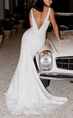 H1491 - Sexy Satin Trumpet V-neck Straps Empire Open Back With Train Beach Wedding Dress