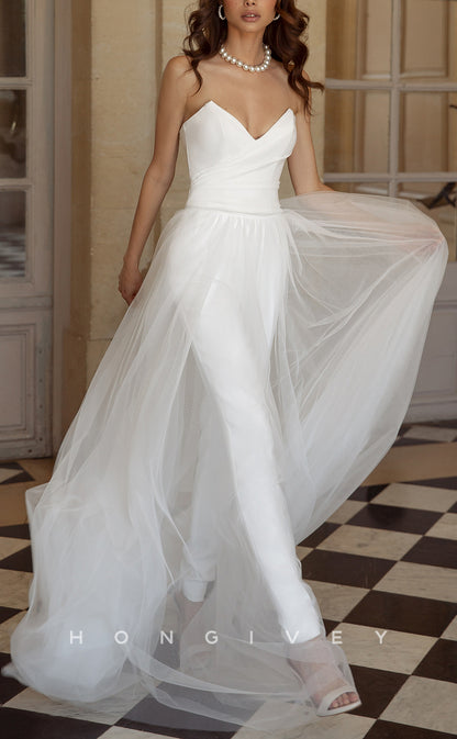 H1492 - Sexy Satin Fitted V-Neck Strapless Empire Ruched Jumpsuit With Overlay Wedding Dress
