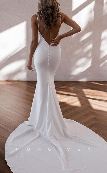 H1493 - Sexy Satin Fitted Empire V-Neck Spaghetti Straps Open Back With Train Beach Wedding Dress