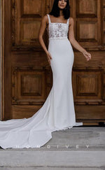 H1497 - Sexy Satin Fitted Square Spaghetti Straps Empire Illusion Appliques With Train Wedding Dress