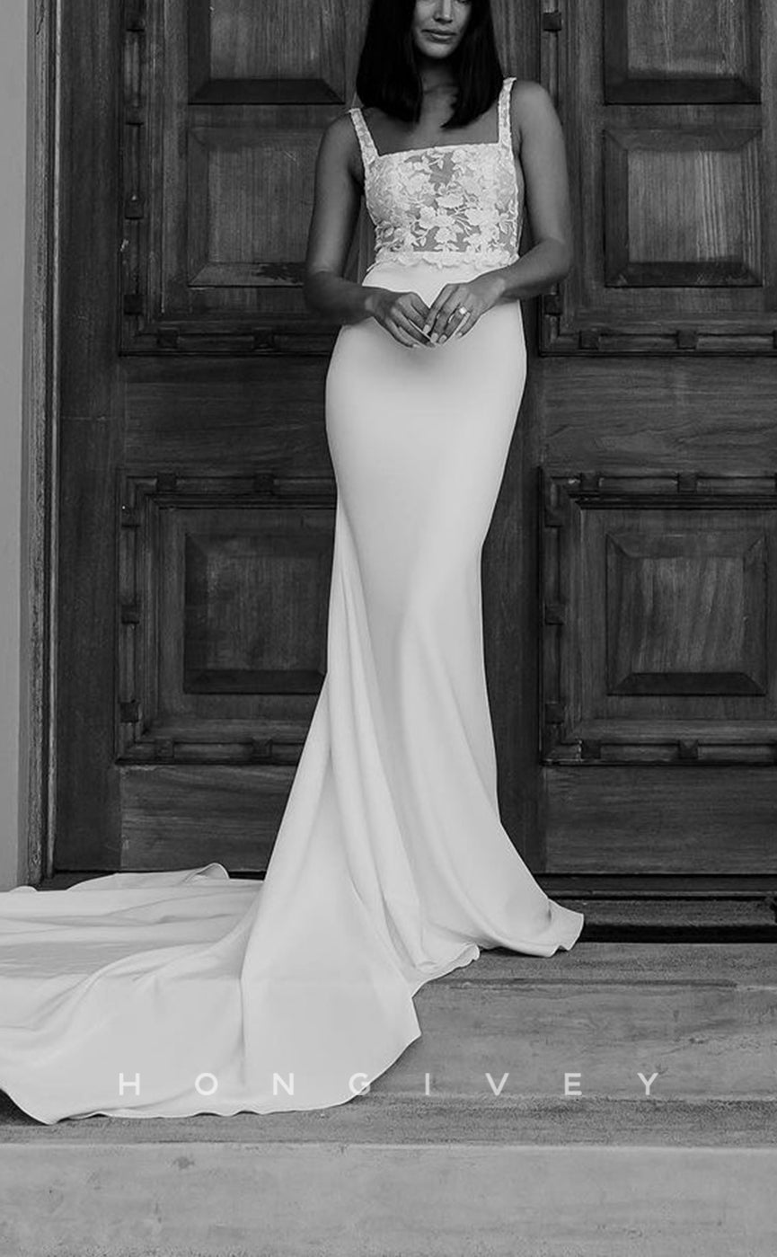 H1497 - Sexy Satin Fitted Square Spaghetti Straps Empire Illusion Appliques With Train Wedding Dress