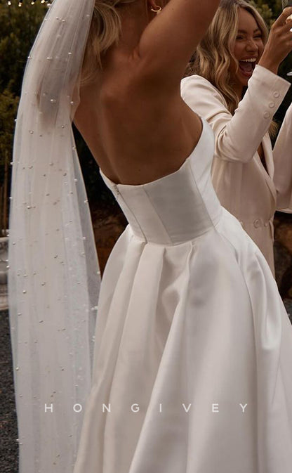 H1498 - Sexy Satin A-Line Illusion V-Neck Strapless Sleeveless Empire With Side Slit Train Wedding Dress