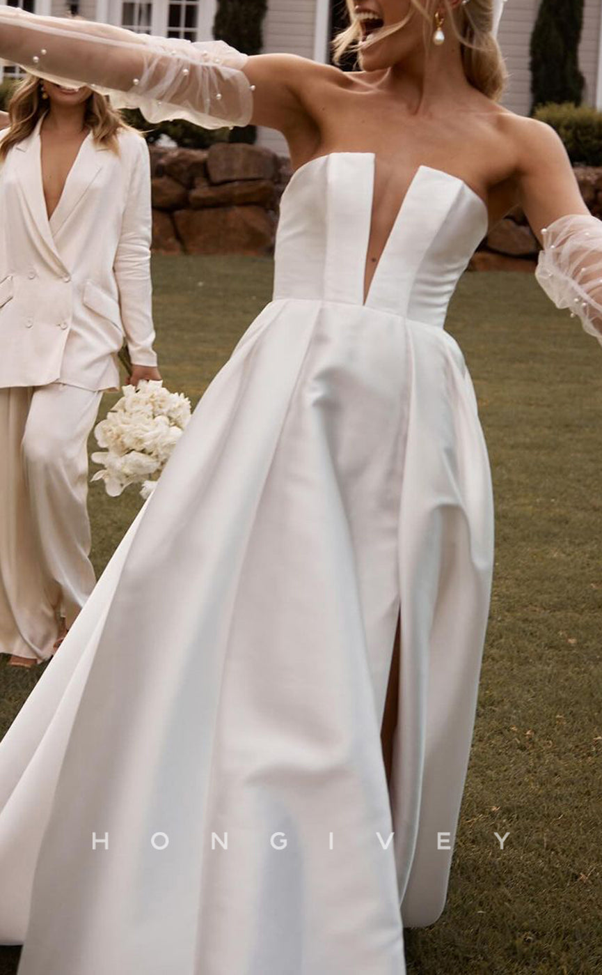 H1498 - Sexy Satin A-Line Illusion V-Neck Strapless Sleeveless Empire With Side Slit Train Wedding Dress