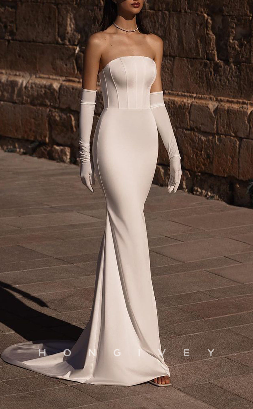 H1499 - Sexy Satin Trumpet Strapless Empire Bowknot Gloves With Detachable Overlay Train Wedding Dress