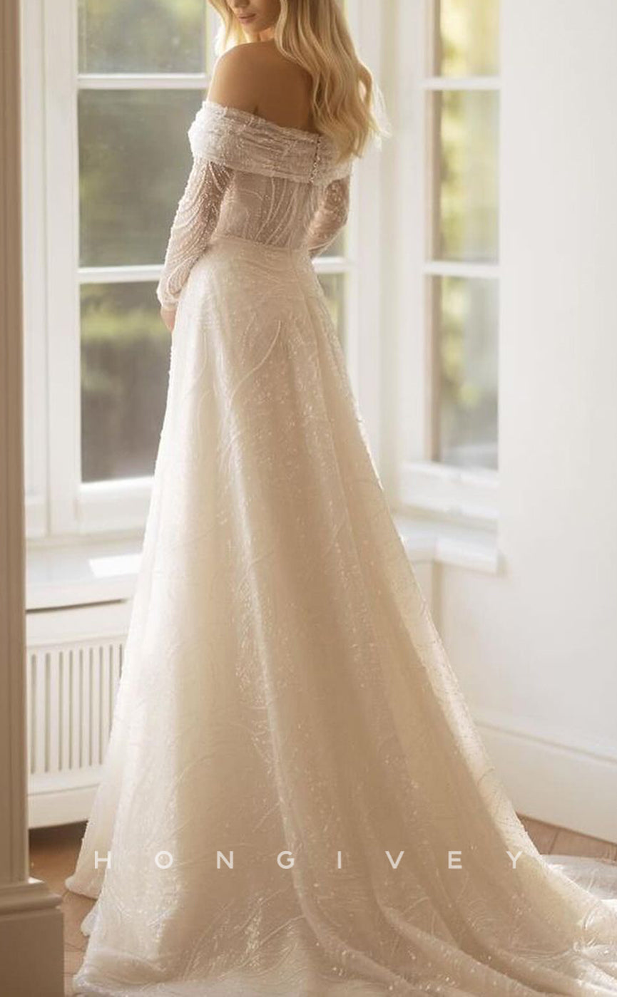 H1503 -  Chic Tulle A-Line Off-Shoulder Long Sleeve Empire Beaded Appliques With Train Wedding Dress
