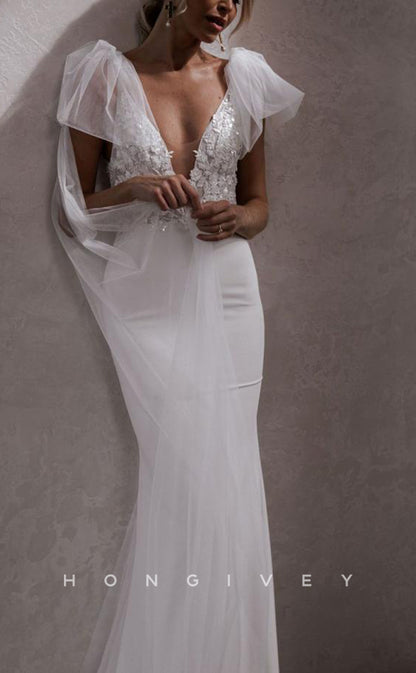 H1507 - Sexy Satin Trumpet V-Neck Straps Empire Beaded Appliques Open Back With Train Wedding Dress