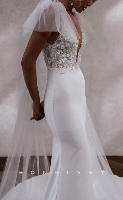 H1507 - Sexy Satin Trumpet V-Neck Straps Empire Beaded Appliques Open Back With Train Wedding Dress