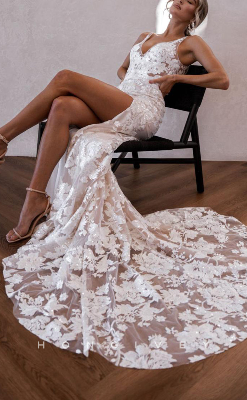 H1508 - Sexy Lace Fitted Glitter V-Neck Spaghetti Straps Empire Appliques With Train Wedding Dress
