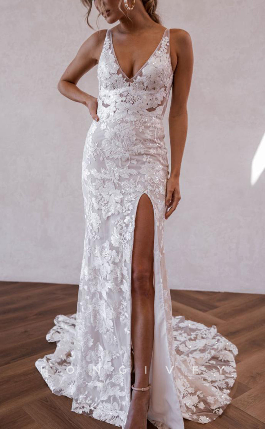 H1508 - Sexy Lace Fitted Glitter V-Neck Spaghetti Straps Empire Appliques With Train Wedding Dress