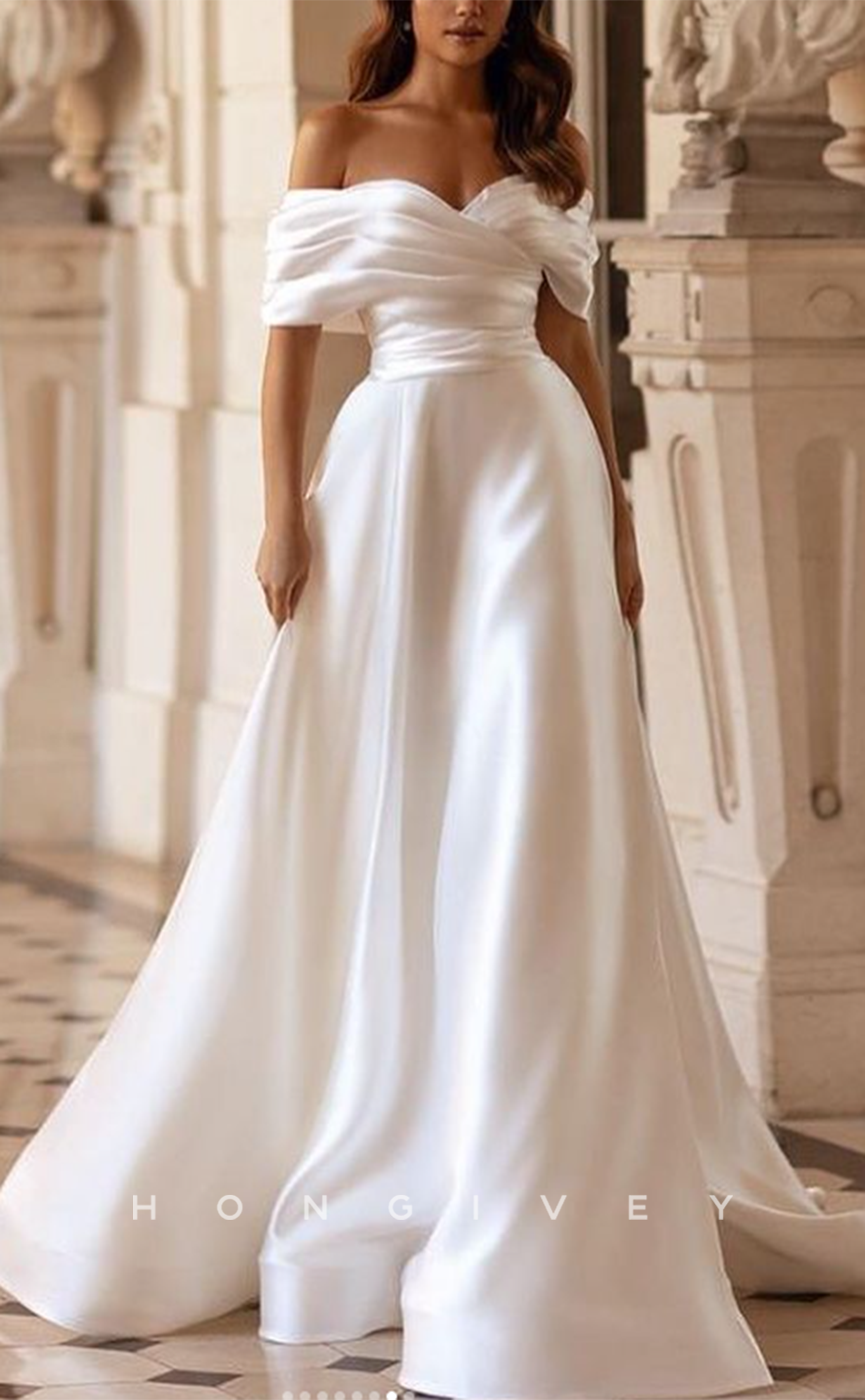 H1509 - Sexy Satin Off-Shoulder Empire Ruched Appliques With Detachable Overskirt Train Wedding Dress