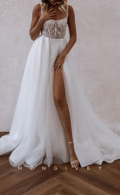 H1512 - Sexy Tulle A-Line Bateau Straps Illusion Empire Appliques With Side Slit Train Wedding Dress