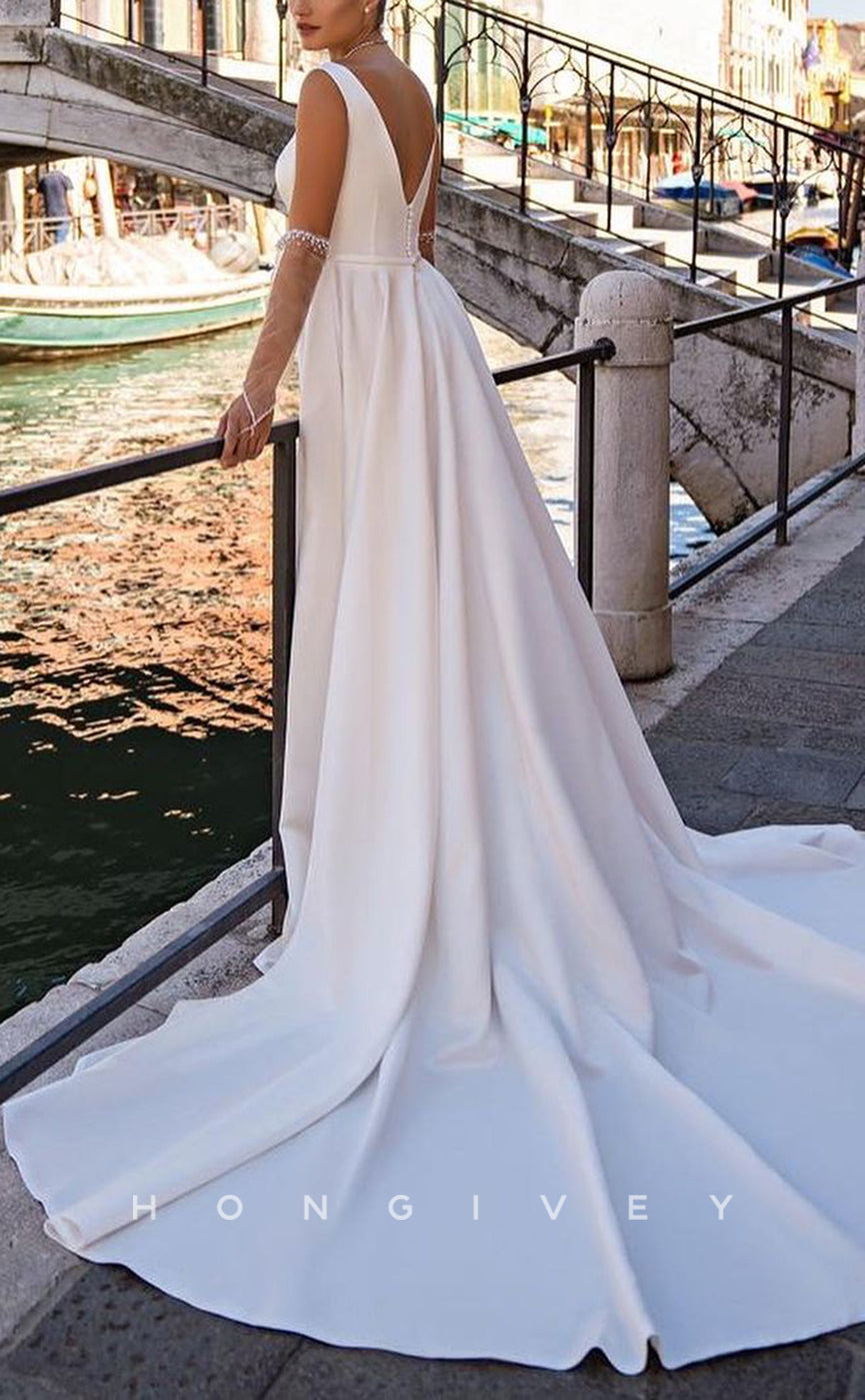 H1513 - Sexy Satin A-Line Square Straps Empire Ruched With Side Slit Train Wedding Dress