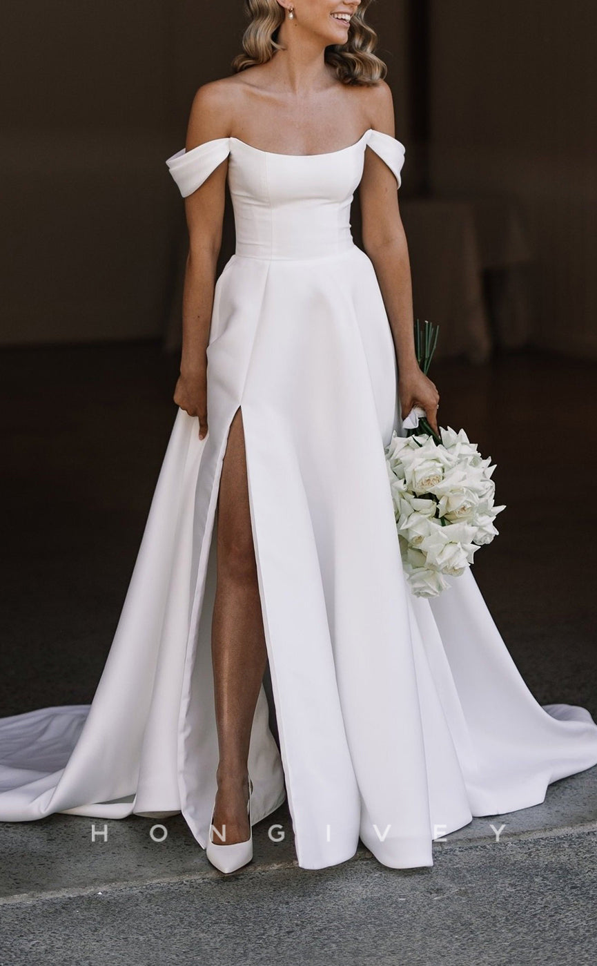 H1516 - Sexy Satin A-Line Off-Shoulder Empire Ruched With Side Slit Train Wedding Dress