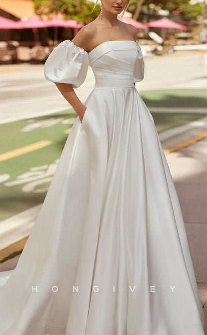 H1518 - Sexy Satin A-Line Strapless Empire Ruched Puff Sleeves With Pockets Train Wedding Dress