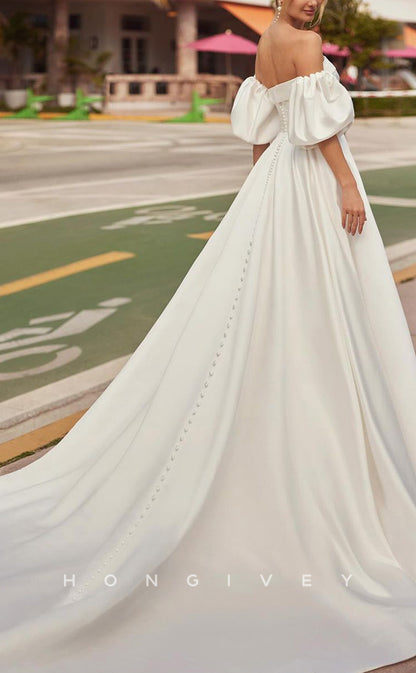 H1518 - Sexy Satin A-Line Strapless Empire Ruched Puff Sleeves With Pockets Train Wedding Dress
