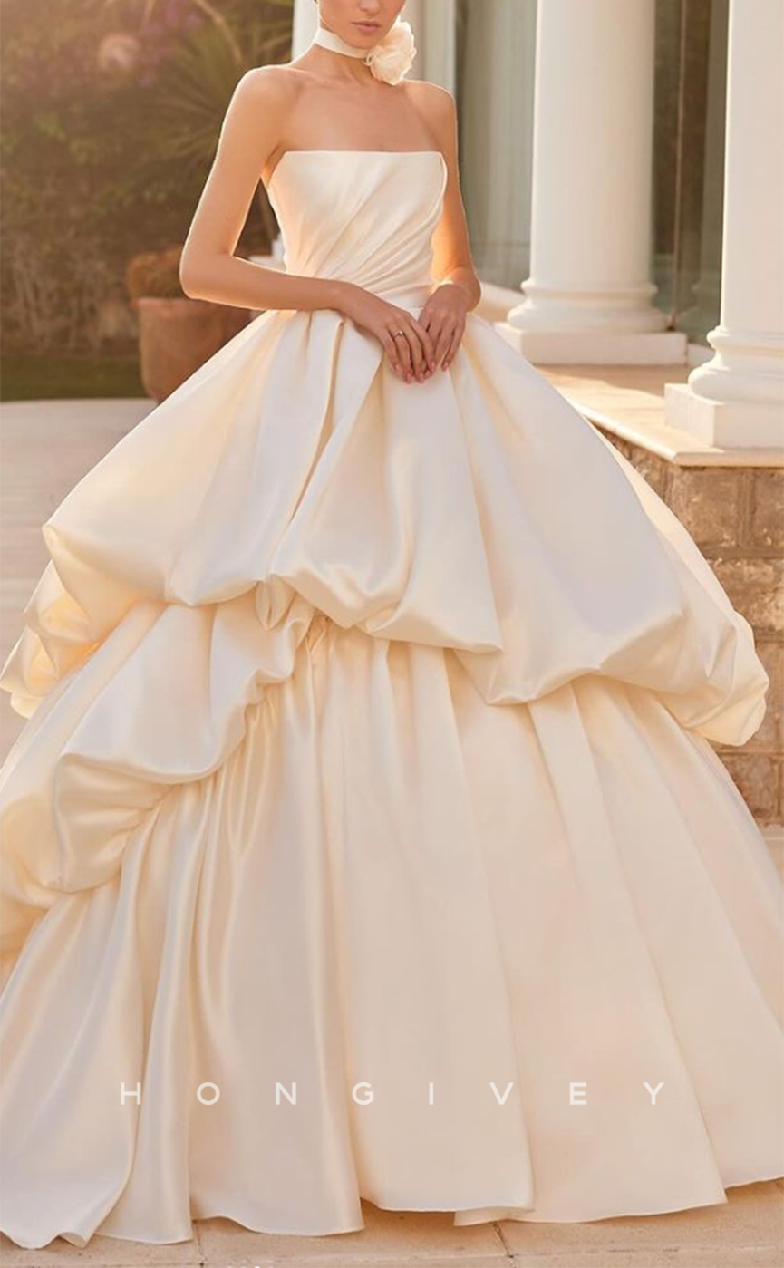 H1521 - Sexy Satin A-Line Square Strapless Empire Ruched Tiered Ball Gown Wedding Dress