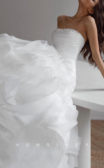 H1522 - Sexy Tulle A-Line Strapless Sleeveless Empire Beaded Ruched With Train Wedding Dress