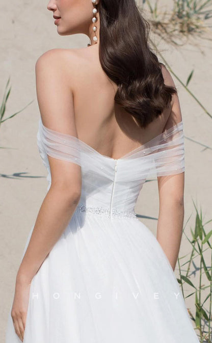 H1523 - Chic Tulle A-Line Off-Shoulder Empire Beaded Ruched With Side Slit Train Wedding Dress