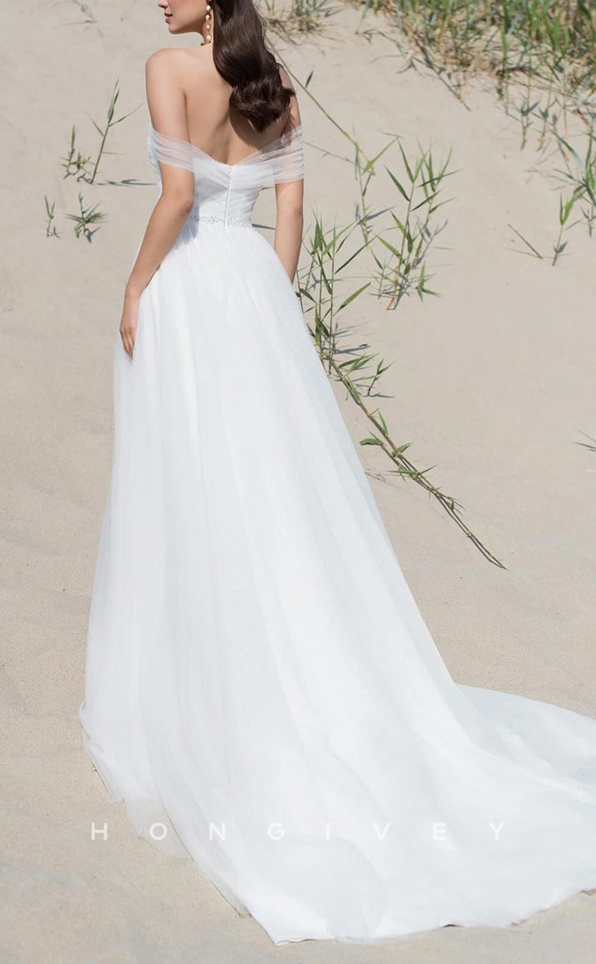 H1523 - Chic Tulle A-Line Off-Shoulder Empire Beaded Ruched With Side Slit Train Wedding Dress