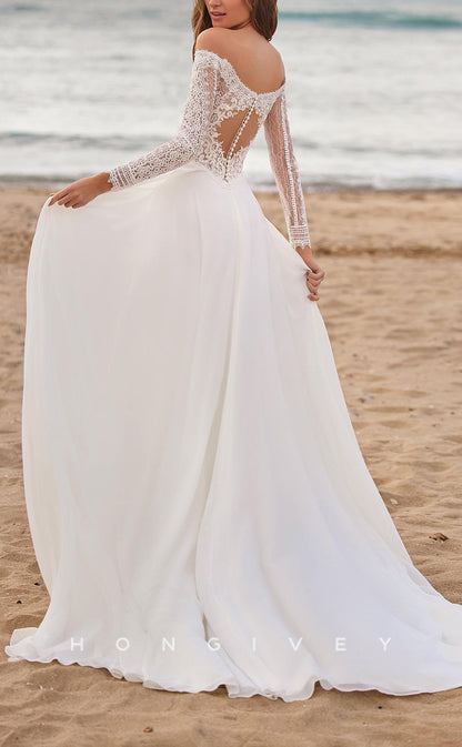 H1524 - Sexy Tulle A-Line Off-Shoulder Long Sleeve Illusion Empire Appliques With Side Slit Train Boho Wedding Dress