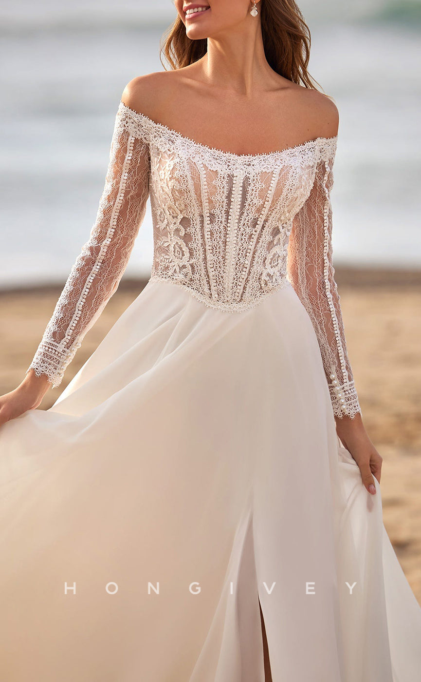 H1524 - Sexy Tulle A-Line Off-Shoulder Long Sleeve Illusion Empire Appliques With Side Slit Train Boho Wedding Dress