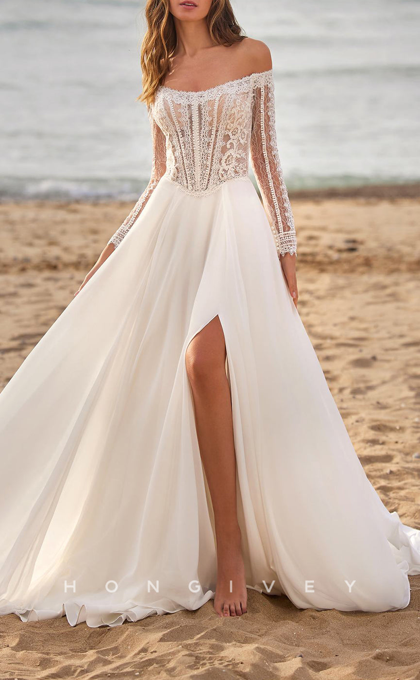 H1524 - Sexy Tulle A-Line Off-Shoulder Long Sleeve Illusion Empire Appliques With Side Slit Train Boho Wedding Dress