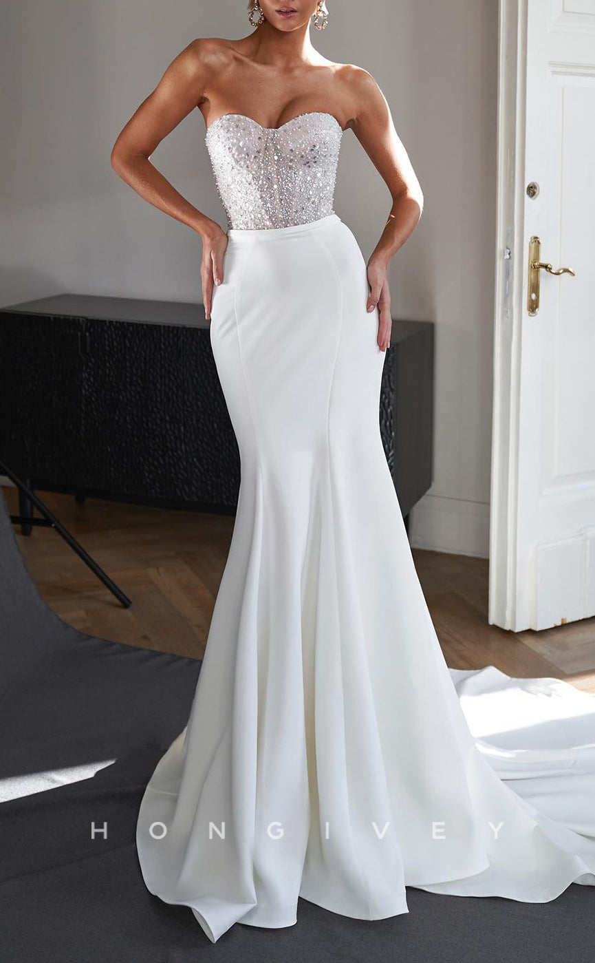H1525 - Sexy Satin Trumpet Sweetheart Strapless Empire Beaded Sequined With Train Beach Wedding Dress