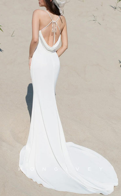 H1526 - Sexy Satin Fitted V-Neck Spaghetti Straps Empire Backless Lace-Up Beaded With Train Wedding Dress